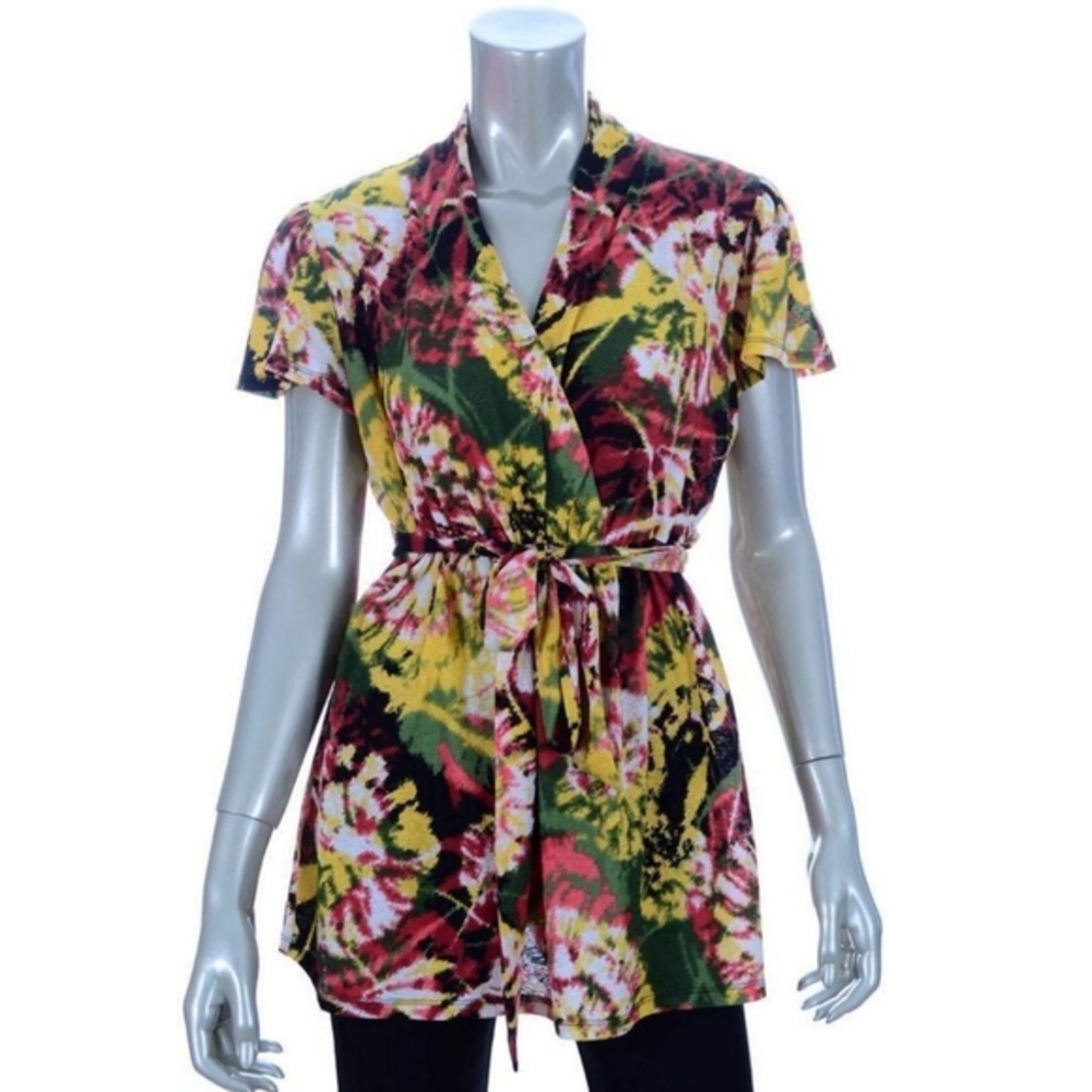Alfani Multicolored V-Neck Cross Front Wrap Top M‎ Floral Vacation Tropical
